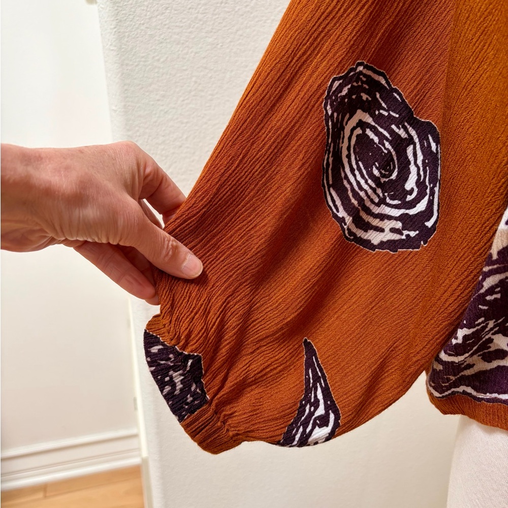 Anthropologie Bel Kazan Open-Front Rust Brown Printed Lightweight Layer Cardigan - Picture 4 of 7